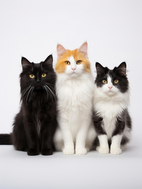 three cats are posing together, one has a yellow and orange face.