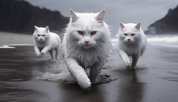 Photo three cats are running in the water one of which is white