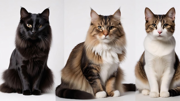 three cats are sitting on a table one has a white nose