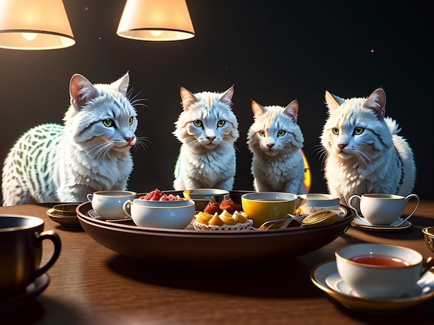 Three cats are sitting at a table with a plate of food on it.