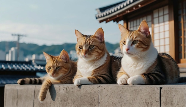 three cats are sitting on a wall and one is white and the other is orange