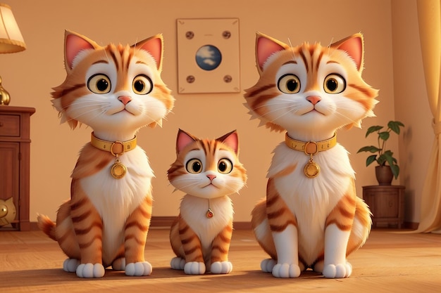 three cats are standing in a row one of which has a picture of a planet on it