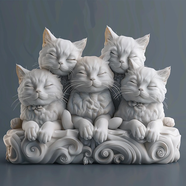 three cats are on a white statue of cats