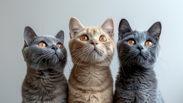 Three cats looking up at the sky one grey cat with white fur and black spots on its head