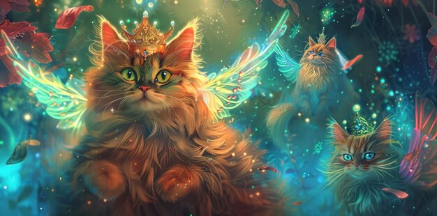 Photo three cats wearing crowns and fairy wings in magical forest