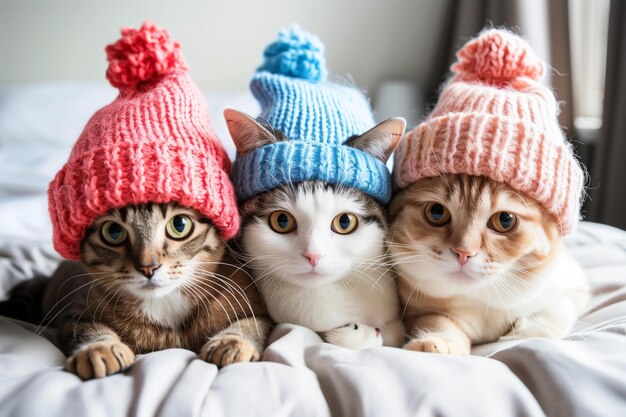 Three cats wearing hats are sitting on a bed