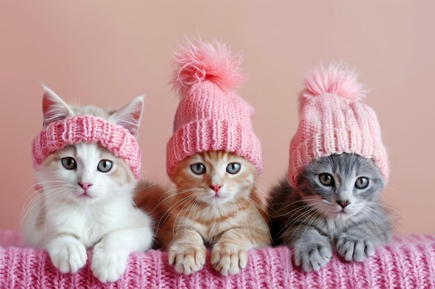 Three cats wearing pink hats are sitting on a pink blanket