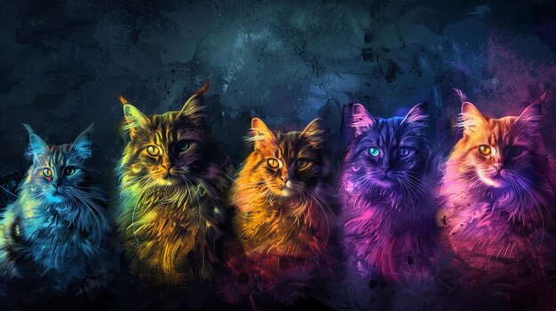 Photo three cats with colored lights on them are shown