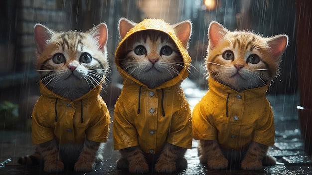 Three cats in yellow raincoats sit in a rain storm