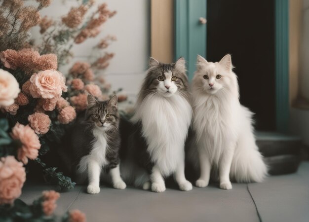 Three catswith blue eyes sitting near flowers Generated by AI