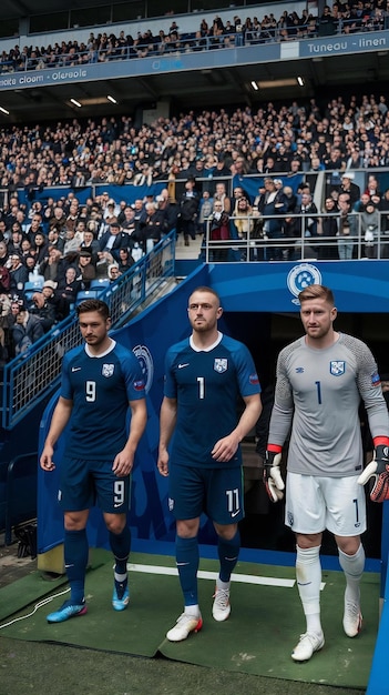 Three Caucasian Footballers Walking Out of the Tunnel onto the Sports Stadium Field