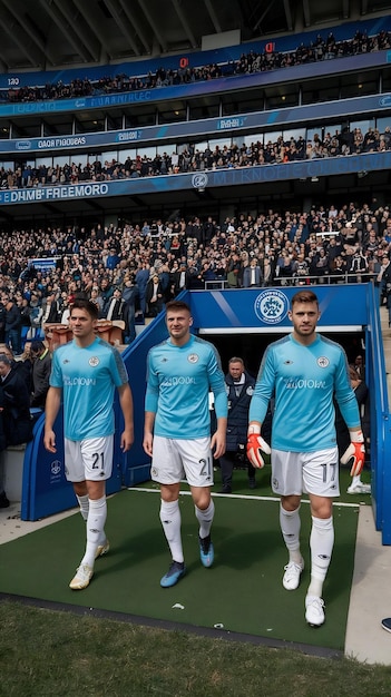 Three Caucasian Footballers Walking Out of the Tunnel onto the Sports Stadium Field