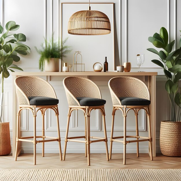 Photo three chairs are sitting in front of a shelf with plants and a lamp