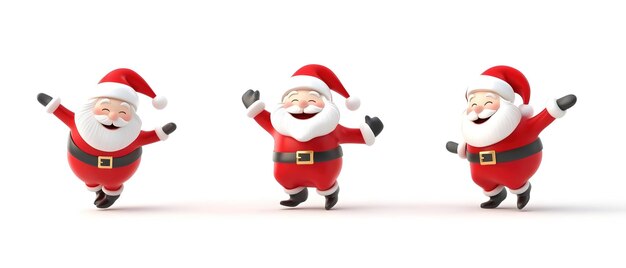 Photo three cheerful 3d cartoon santa claus characters dancing and smiling for christmas