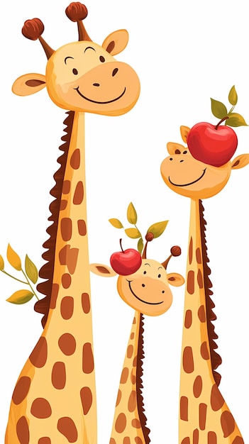 Three cheerful cartoon giraffes with apples showcasing a playful and friendly theme