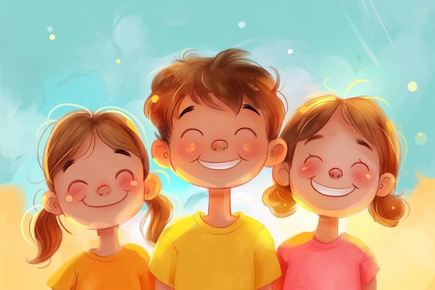 Photo three cheerful kids smiling brightly in a colorful illustration with a sunny background