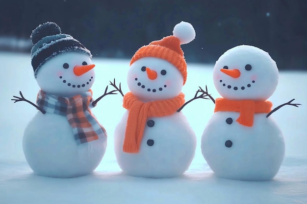 Photo three cheerful snowmen standing together in winter