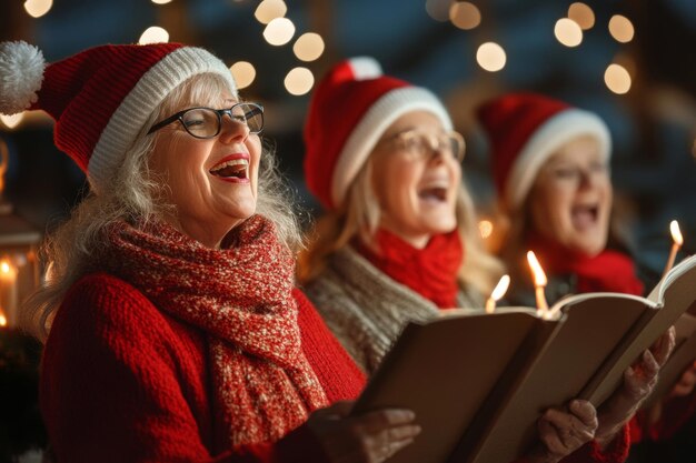 Photo three cheerful women wearing santa hats and scarves sing carols by twinkling lights during a festive