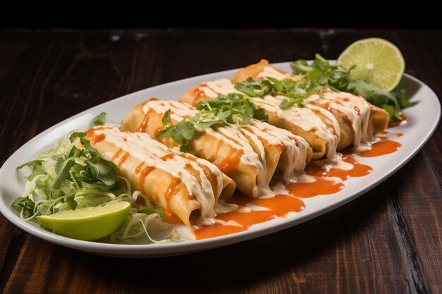 Three cheese flautas with a roasted pepper sauce Mexican flautas image photography