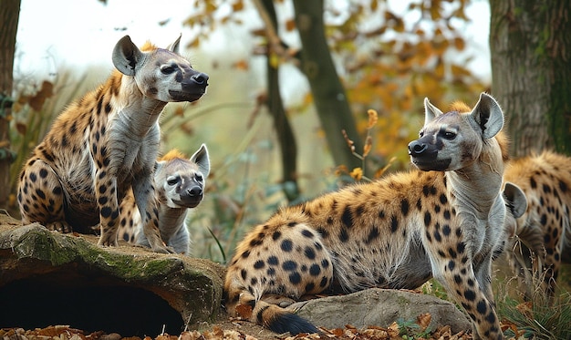 three cheetahs are sitting on a rock in the woods