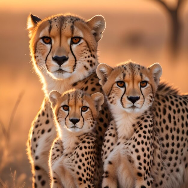 three cheetahs are standing together in the grass