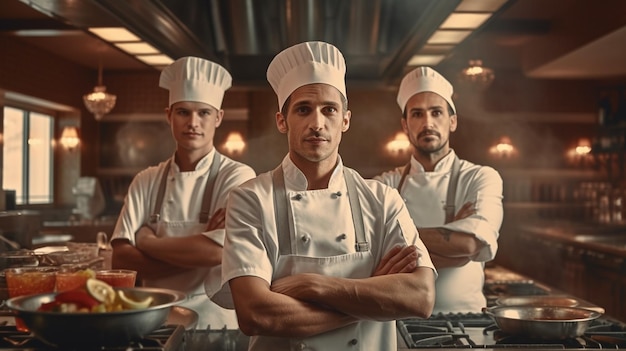 Three chefs in team in hotel or restaurant kitchen Generative AI