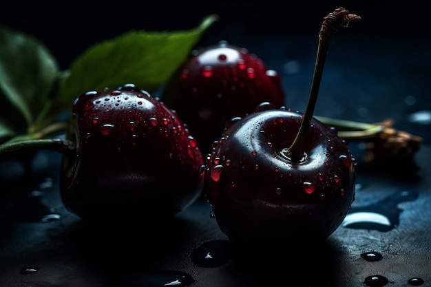 Three cherries with water drops on a dark background