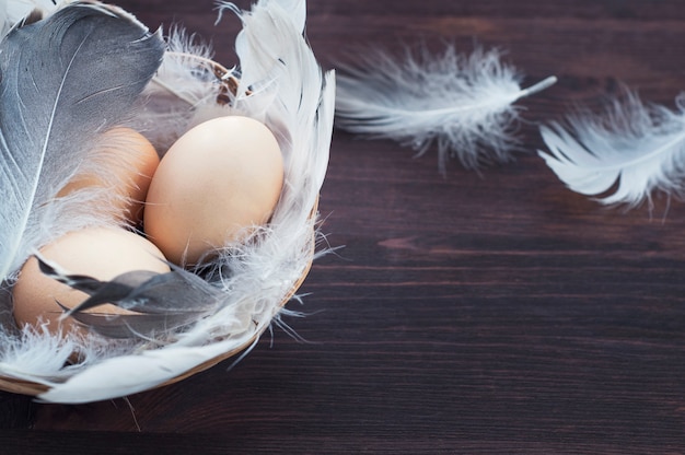 Three chicken eggs in a basket with feathers