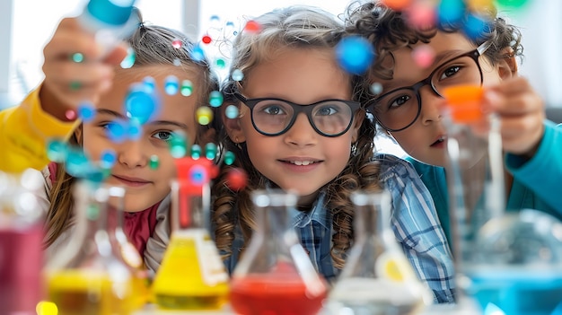 three children are looking at a bottle of liquid