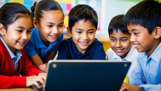 three children are looking at a laptop with the word quot on it