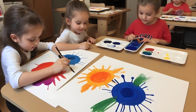 Photo three children are painting with sunflowers on them