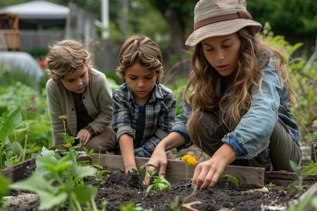 Three children are planting seeds in a garden They are all wearing casual clothes and are smiling The background is a blur of green plants