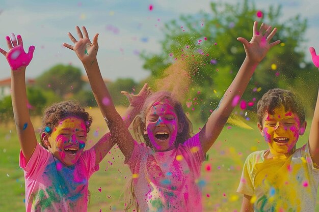 three children are playing with colorful sprinkles and one has her arms up in the air