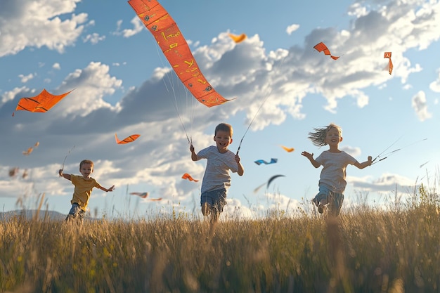 Photo three children are running in a field with kites flying in the sky