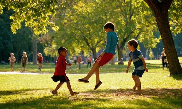 Photo three children are running in a park one of which is wearing a red shirt