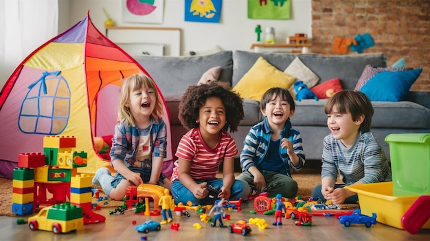 three children are sitting on the floor playing with toys