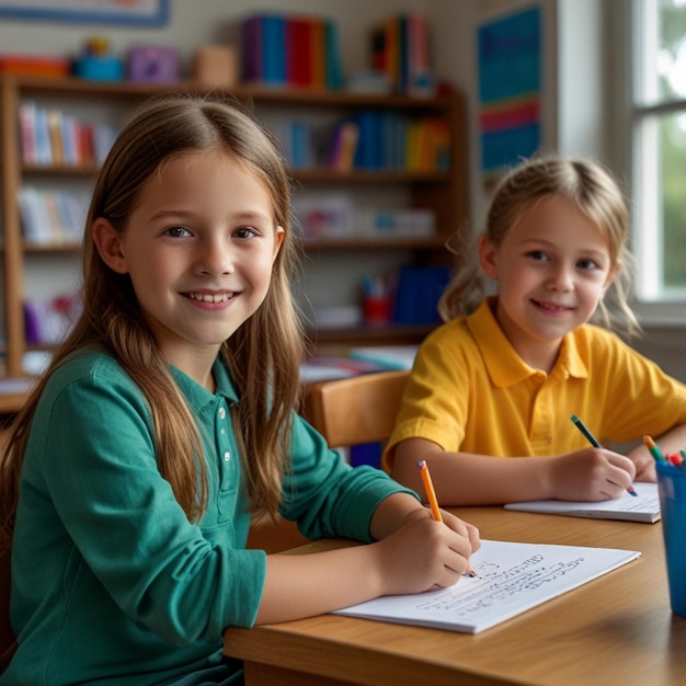 Photo three children are sitting at a table and one of them is writing with a pen