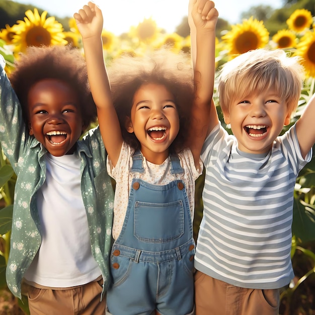 three children are smiling and having fun in a sunflower field