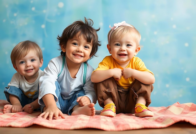 three children are smiling and one is wearing a yellow shirt