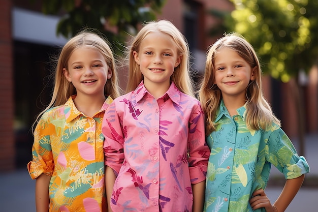 three children are wearing colorful t shirts