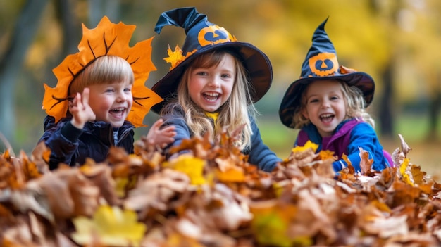 Photo three children dressed in halloween costumes playing in autumn leaves