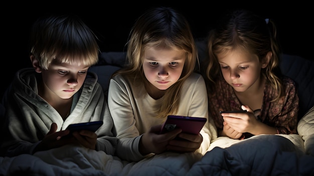 Three children engrossed in their gadgets with glowing screens illuminating their faces in a dark room