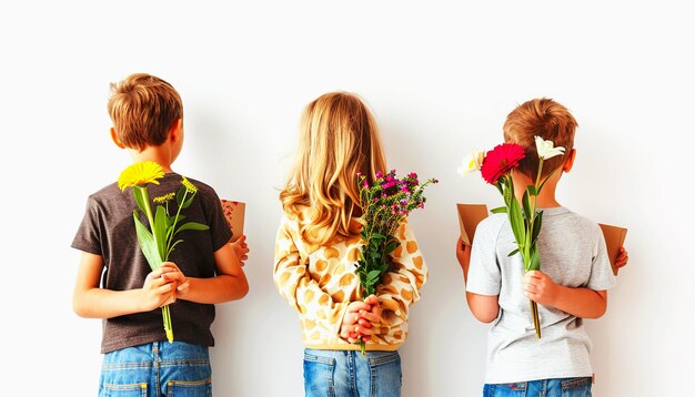 Photo three children hiding flowers and cards behind their backs