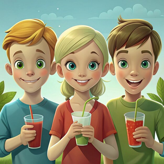 Photo three children holding drinks and one has a straw in her hand