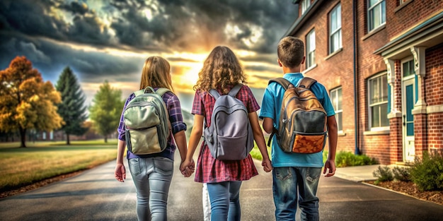 Photo three children holding hands and walking down a street with a sky in the background