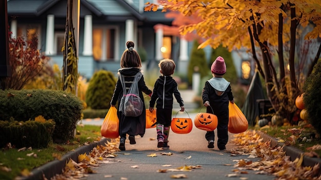 three children holding pumpkins and one has a sign that says pumpkins.