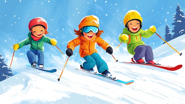 Three children joyfully skiing down a snowy slope in colorful winter attire