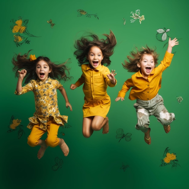 Three Children Jumping With Arms Raised