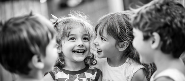 Photo three children laughing and looking at something off camera