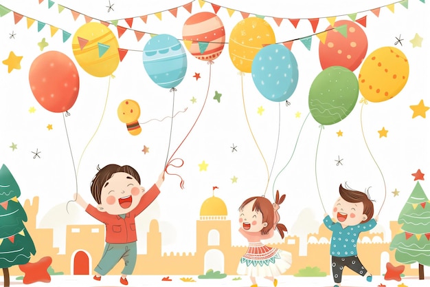 Three children laughing and playing with colorful balloons in a festive atmosphere enjoying a joyful celebration